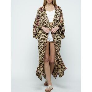 Raj Bagira animal print Embroidered open Duster kimono One Size pockets NWT